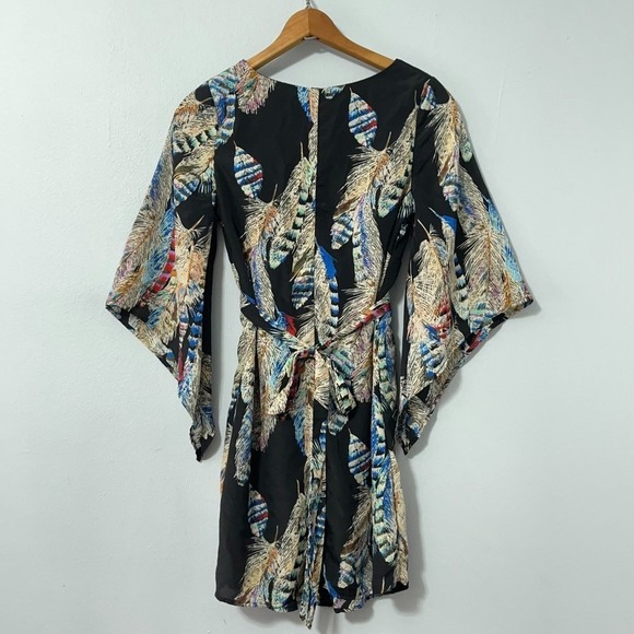Mandee Y2K Dress Women Small Black Feather Print Bell Sleeve Babydoll Mini Lined - Picture 3 of 10